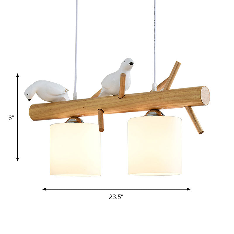 Glass Cylinder Shade Island Light Dining Room 2/3 Lights Wood Hanging Chandelier with Bird Decor