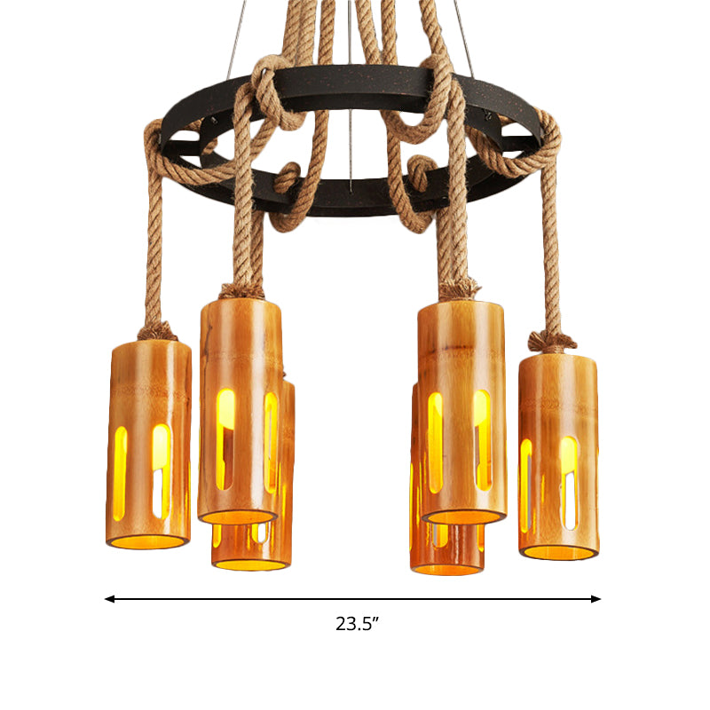 Bamboo Chandelier Lamp Lodge Style Multi Lights Pendant Lighting with Hanging Rope