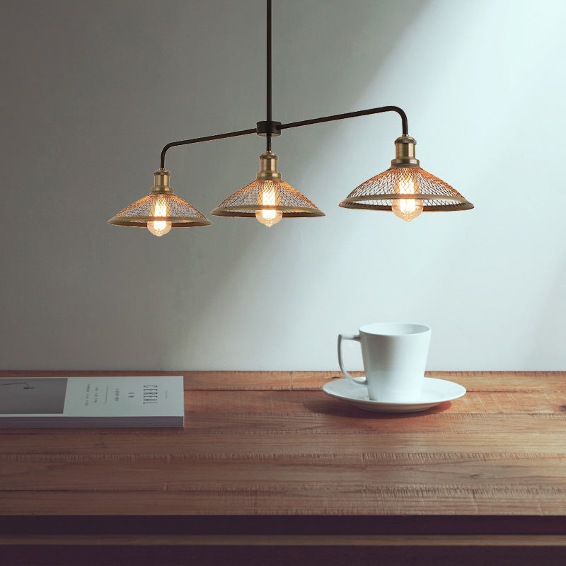 3 Heads Cage Flared Island Lighting with Mesh Screen Industrial Copper/Aged Bronze Metal Island Pendant Light for Dining Room