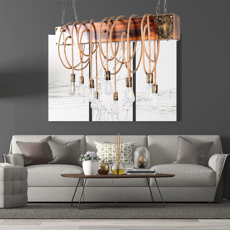Multi Light Suspension Light Lodge Bare Bulb Metal Island Lighting with Wooden Beam and Cord/Rope in Black/Antique Brass