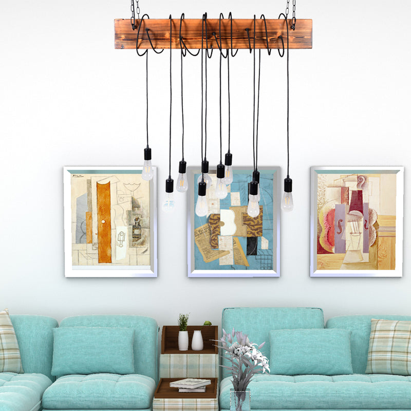 Multi Light Suspension Light Lodge Bare Bulb Metal Island Lighting with Wooden Beam and Cord/Rope in Black/Antique Brass