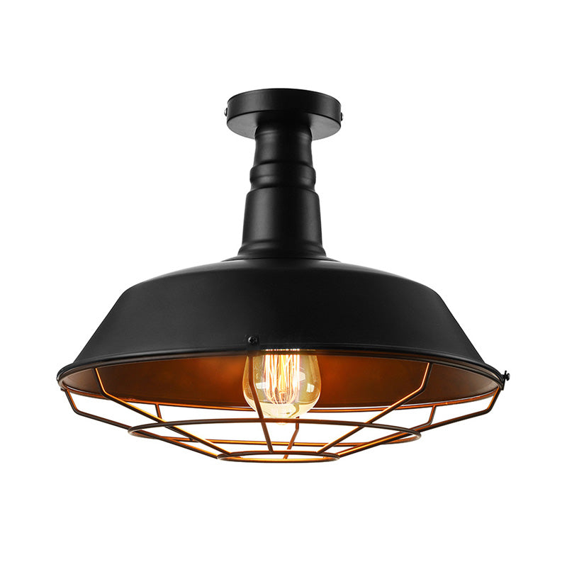 Black Cage Ceiling Light Vintage Style Metal 1 Head Indoor Semi Flush Mount Lighting with Barn Shade, 10"/14"/18" W