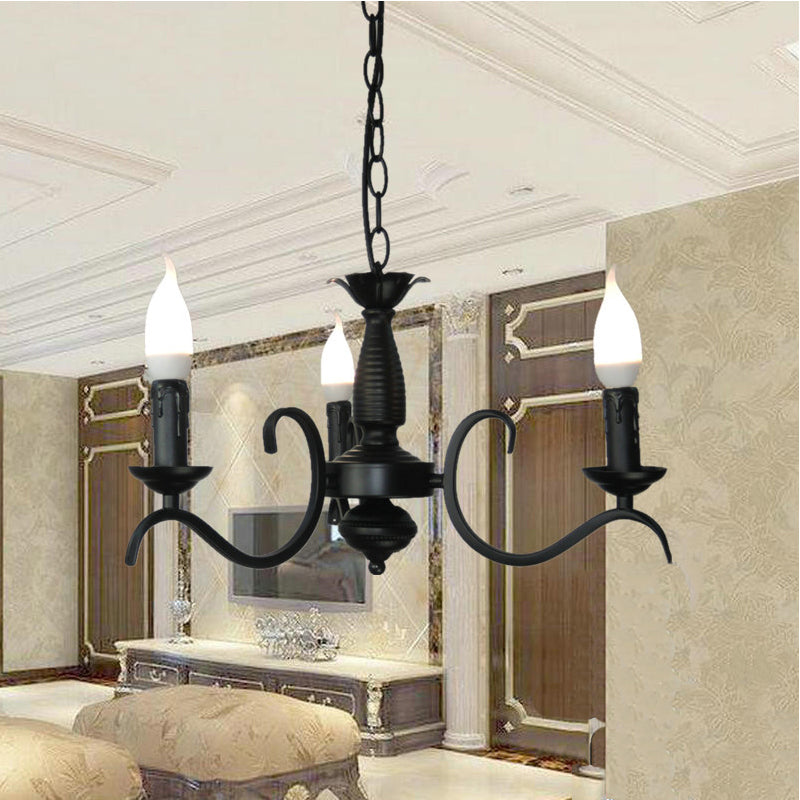 3/5 Heads Flameless Candle Chandelier Lighting Vintage Style Black Metallic Hanging Lamp for Living Room