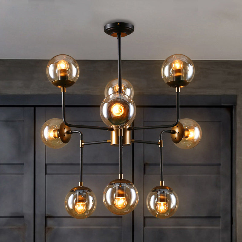 Black/Chrome/Clear Glass Globe Hanging Chandelier Industrial 8/9-Light Living Room Pendant Light