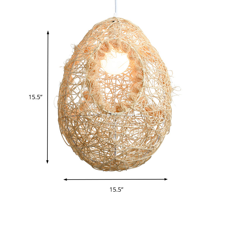 Woven Rattan Egg Shaped Pendant Light for Restaurant Rustic One Bulb Hanging Lamp in Beige
