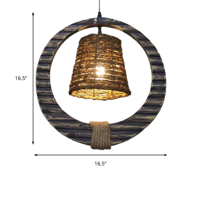 Rattan konisch hängende helle moderne Stil 1 Kopfbraune Anhängerlampe mit hölzernen vertikalen Ring