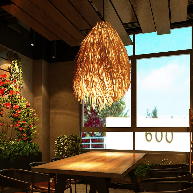 Beige Teardrop Anhängerlampe Asian Stylish 1-Fulb Rattan Hanging Leuchte für das Restaurant