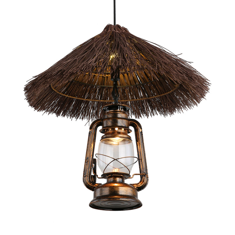 Ratán tejido a mano Light Lodge Style 1 Lámpara colgante de color marrón claro con sombra de linterna para comedor