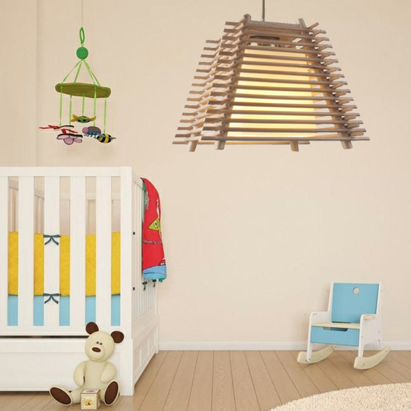 Colgante de suspensión trapezoide de madera japonesa de madera de 1 luz de madera luz colgante con sombra de vidrio blanco para dormitorio