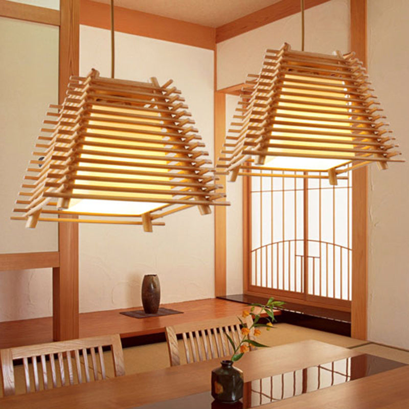 Colgante de suspensión trapezoide de madera japonesa de madera de 1 luz de madera luz colgante con sombra de vidrio blanco para dormitorio