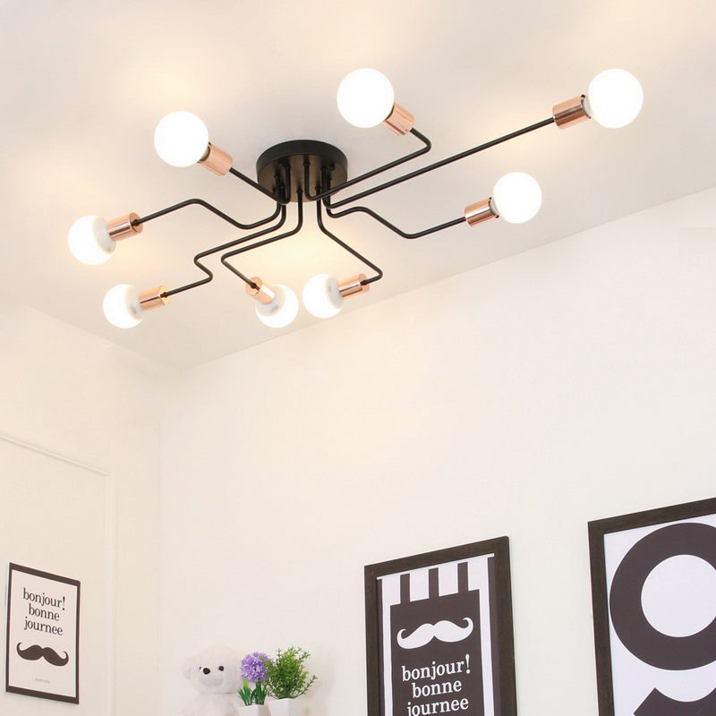 Vintage Exposed Ceiling Flush Mount 4/6-Light Metallic Semi Flush Light with Sputnik Design in Antique Brass/Black