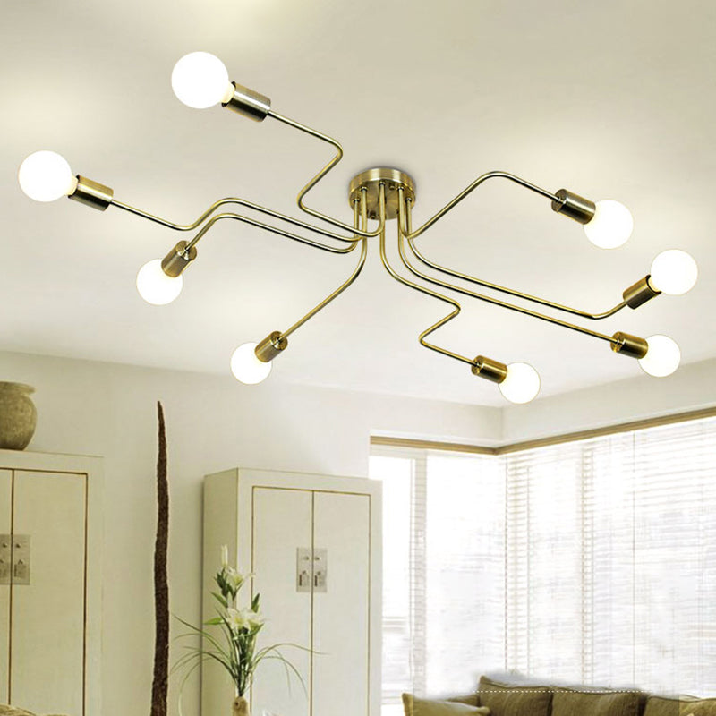 Vintage Exposed Ceiling Flush Mount 4/6-Light Metallic Semi Flush Light with Sputnik Design in Antique Brass/Black
