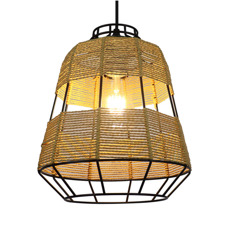 Fassmetall-Käfig-Hanglampe Chinesisches Strohseil 1-Licht beige Drop Deckenleuchte für Wohnzimmer Restaurant