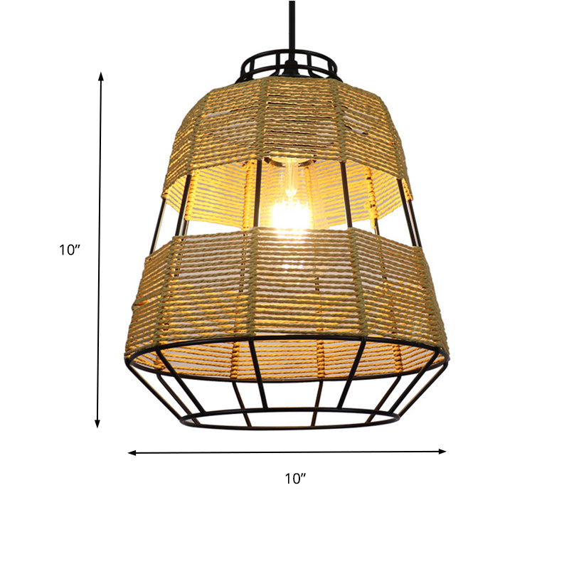 Fassmetall-Käfig-Hanglampe Chinesisches Strohseil 1-Licht beige Drop Deckenleuchte für Wohnzimmer Restaurant