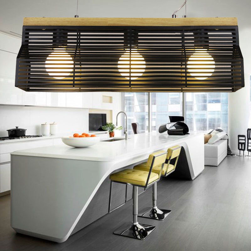 Black/White Linear Island Lighting Modern Style 3-Light Metal and Wood Island Pendant Light for Dining Room