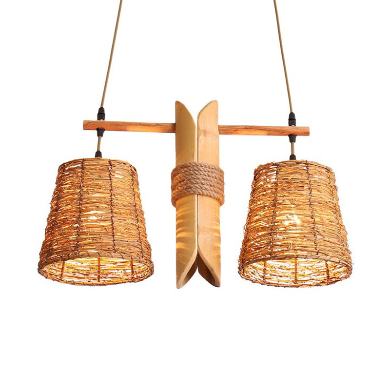 Bucket Rattan Shade Island Lighting Countryside 2 Bulbos Beige Coste de lámpara con diseño de bambú