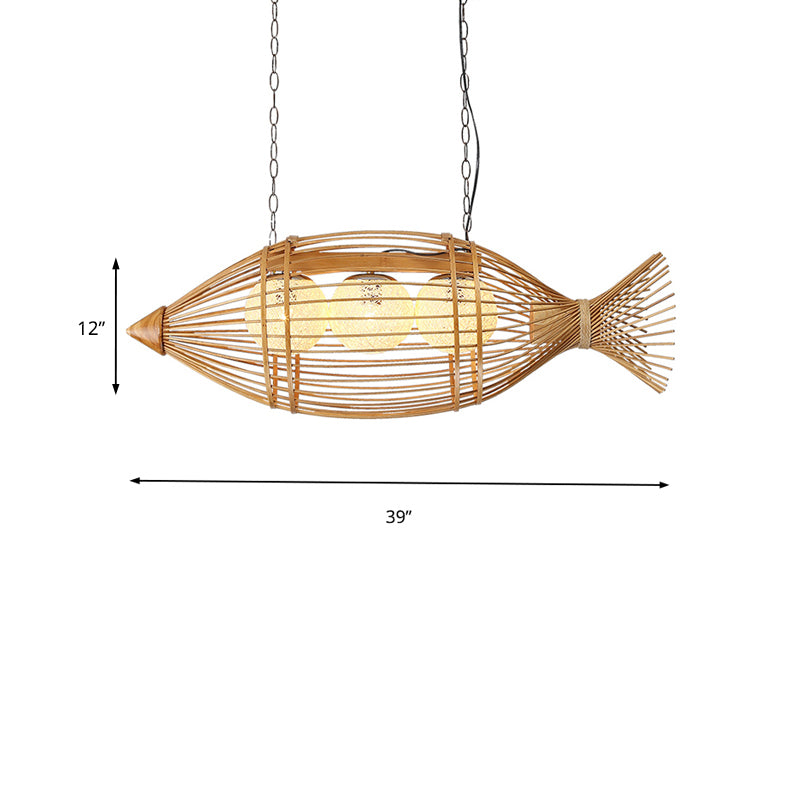 Bamboo Fish Shaped Chandelier Lighting Asian Style 39"/57" W 3 Bulbs Beige Hanging Light with Inner Rattan Ball Shade