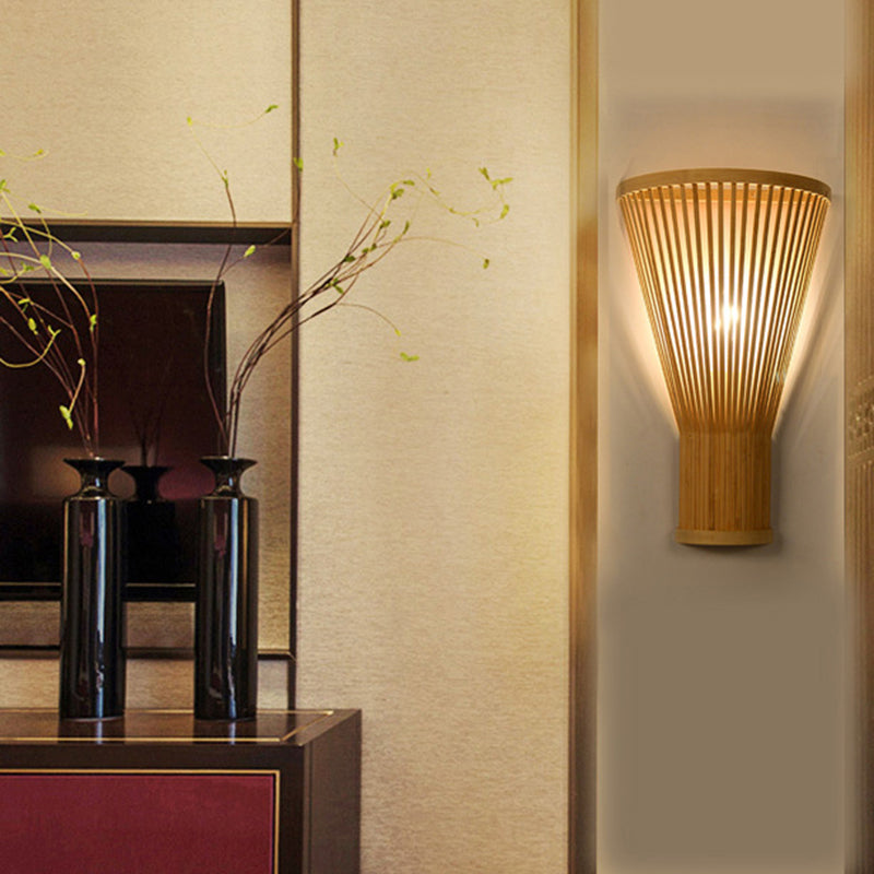 Hand-Made Bamboo Wall Sconce Lamp Asian Style 1-Bulb Beige Wall Lighting for Bedside