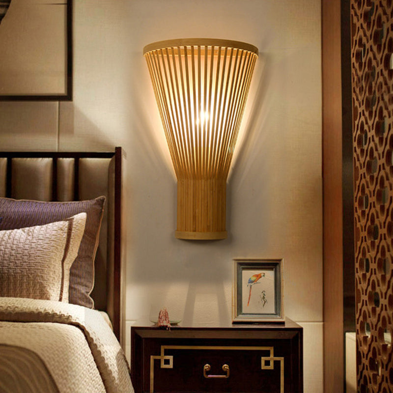 Lámpara de apliques de pared de bambú hecha a mano estilo asiático 1-bulb beige iluminación de pared para cama