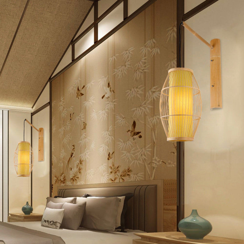 Asian Style Oblong Hanging Wall Light Bamboo 1 Bulb Bedroom Sconce Light Fixture in Beige