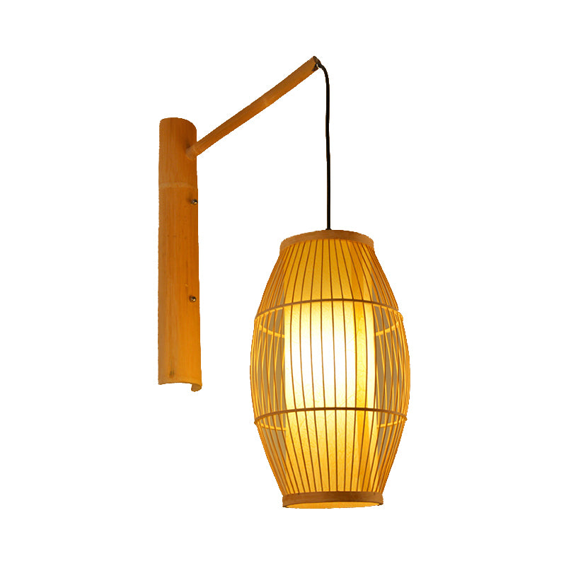 Asian Style Oblong Hanging Wall Light Bamboo 1 Bulb Bedroom Sconce Light Fixture in Beige