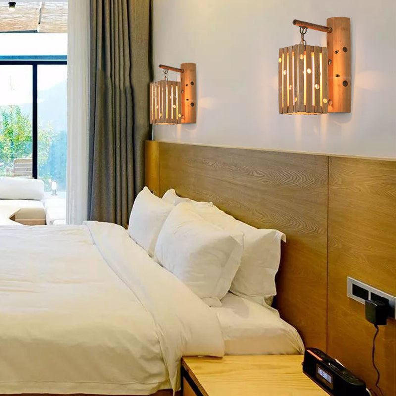 Rectangular Wall Lamp Countryside Bamboo 1-Light Wood Wall Lighting with Pierced Design for Bedroom