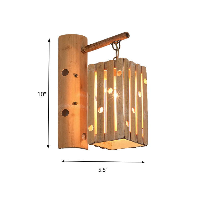 Rectangular Wall Lamp Countryside Bamboo 1-Light Wood Wall Lighting with Pierced Design for Bedroom