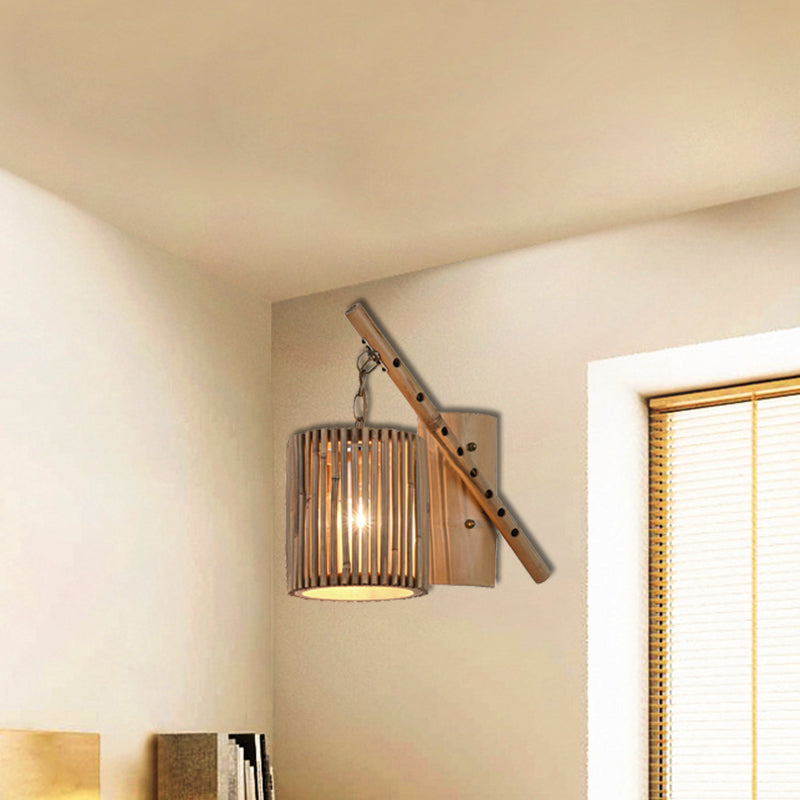 Bamboo Cylindrical Shade Wall Light Sconce Asian Style 1 Light Wood Wall Lamp with Flute Decoration, Left/Right