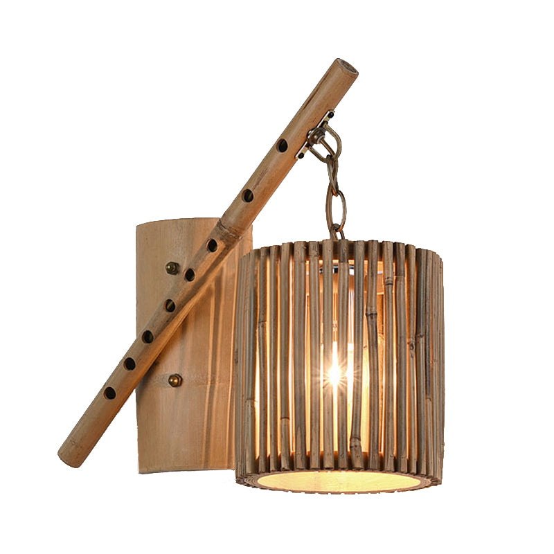 Bamboo Cylindrical Shade Wall Light Sconce Asian Style 1 Light Wood Wall Lamp with Flute Decoration, Left/Right