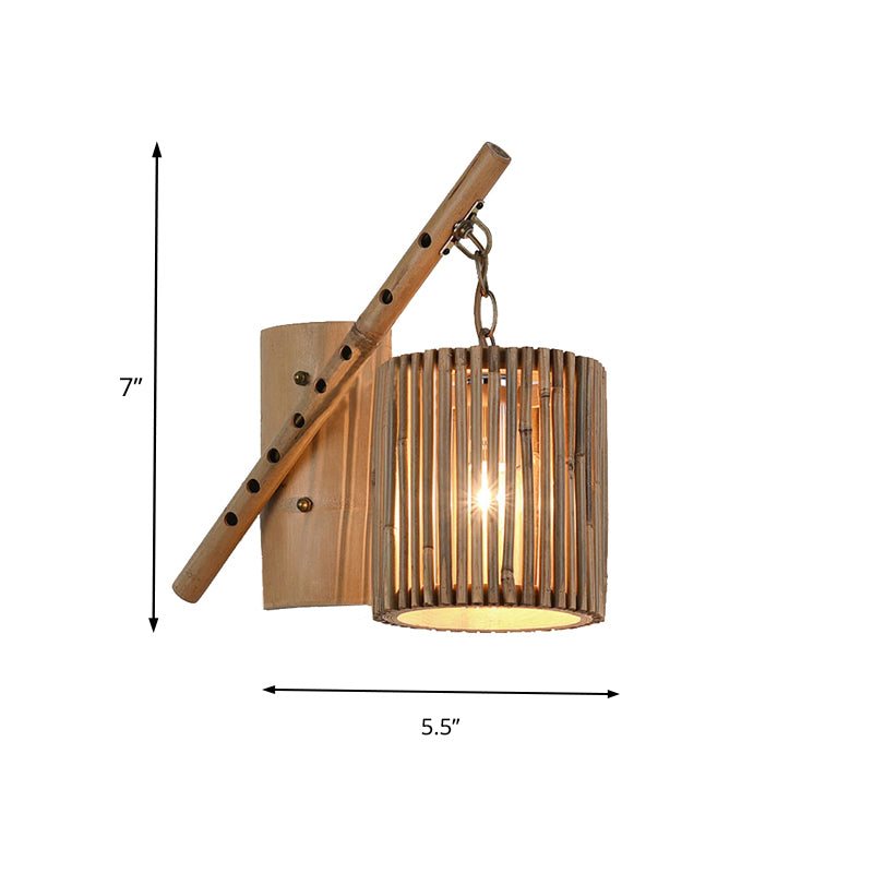 Bamboo Cylindrical Shade Wall Light Sconce Asian Style 1 Light Wood Wall Lamp with Flute Decoration, Left/Right