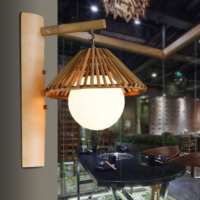 Bamboo Cone Wall Mount Light Asian Style 1-Light Brown Wall Lamp with White Glass Ball Shade