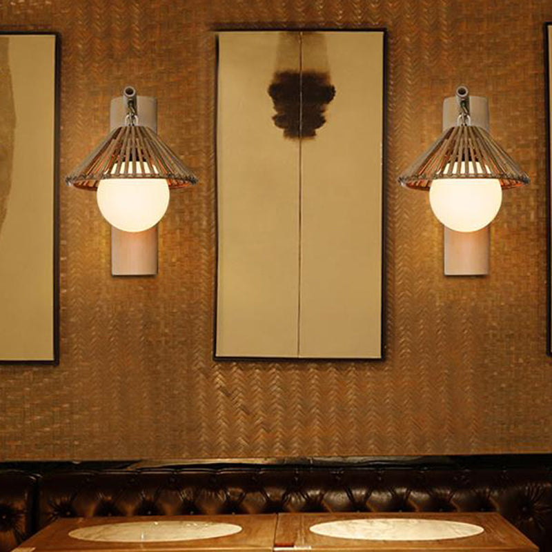 Bamboo Cone Wall Mount Light Asian Style 1-Light Brown Wall Lamp with White Glass Ball Shade