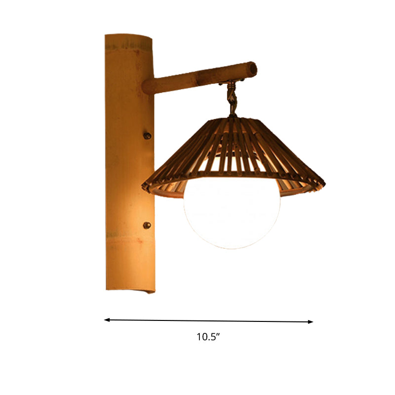 Bamboo Cone Wall Mount Light Asian Style 1-Light Brown Wall Lamp with White Glass Ball Shade