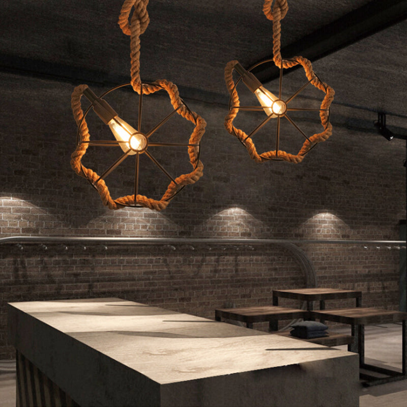 1 Accensione a sospensione a ciondolo a ruota a ruota head corda di beige industriale e luce del soffitto appesa regolabile in metallo