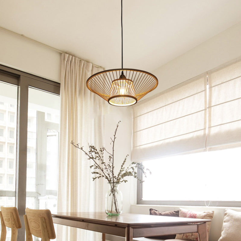 Bamboo Hand-Made Ceiling Lamp with Saucer Shade Modern 1-Light Beige Pendant Lamp for Dining Room