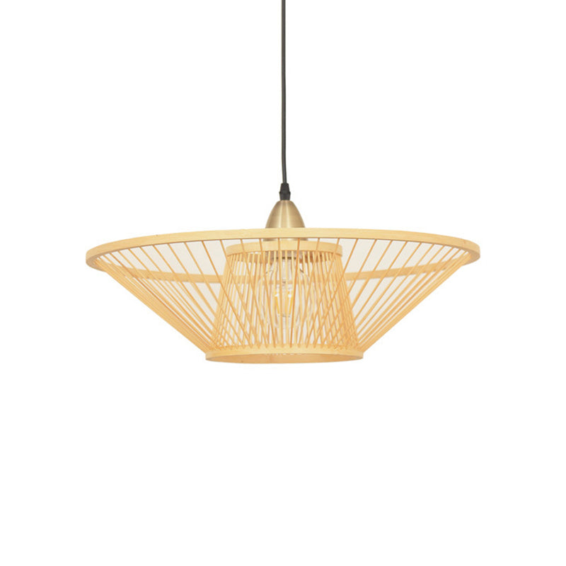 Bamboo Hand-Made Ceiling Lamp with Saucer Shade Modern 1-Light Beige Pendant Lamp for Dining Room