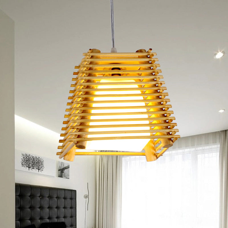 Luz de la luz colgante del trapezoide de bambú Luz de techo de madera natural de 1 bomba con sombra de vidrio blanco