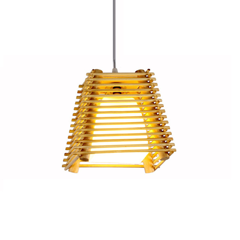 Luz de la luz colgante del trapezoide de bambú Luz de techo de madera natural de 1 bomba con sombra de vidrio blanco