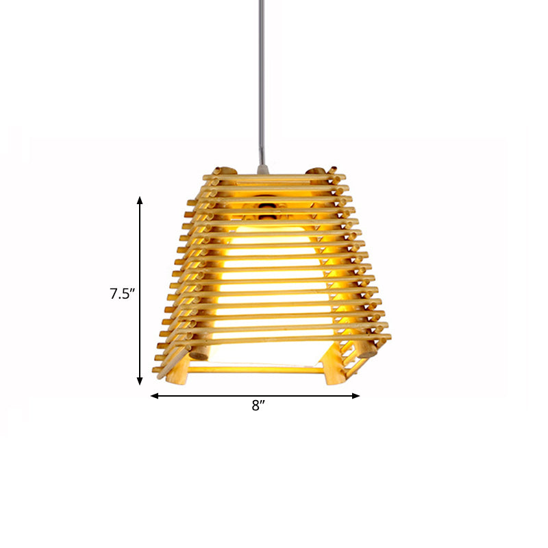 Luz de la luz colgante del trapezoide de bambú Luz de techo de madera natural de 1 bomba con sombra de vidrio blanco