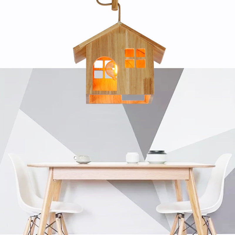 Lámpara colgante en forma de casa de madera moderna luz natural de madera natural con cordón ajustable para el comedor
