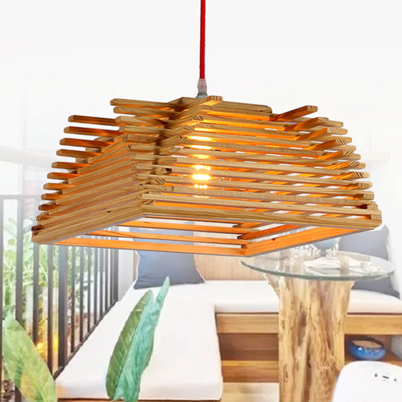 Lámpara colgante de beige de 1 luce de madera cuadrada cuadrada asiática con cable ajustable para sala de estar