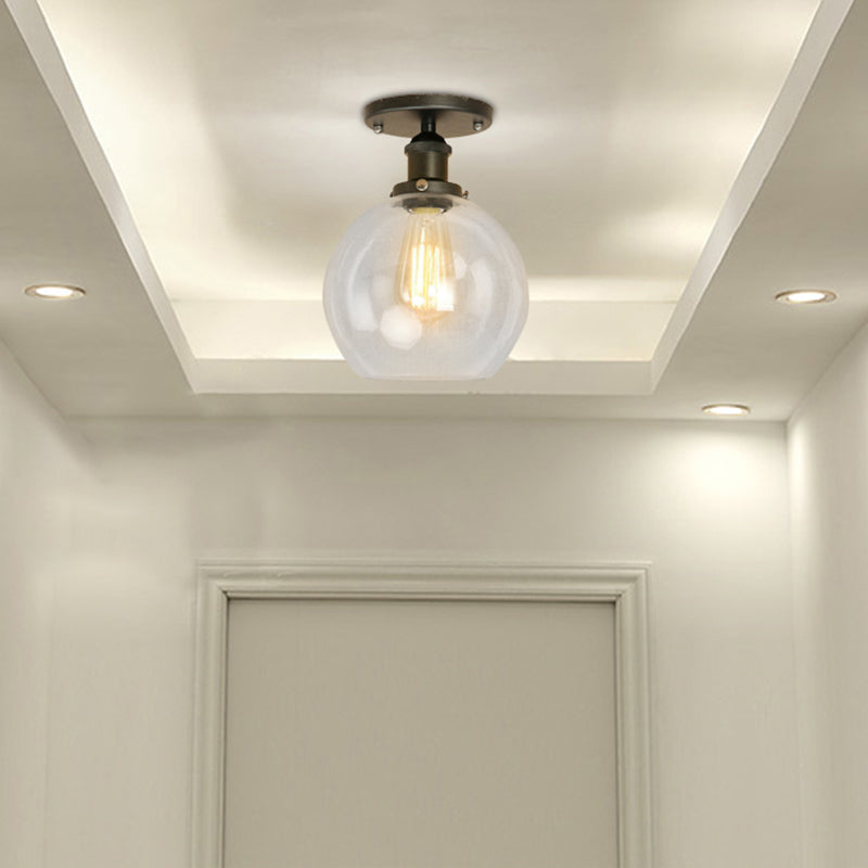 Spherical Balcony Semi Flush Industrial Clear Glass One Light Black/Brass/Copper Ceiling Light Fixture