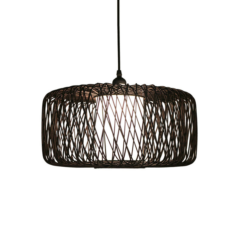 1 Light Restaurant Hanging Lamp with Drum Bamboo Shade Black Pendant Light Fixture, 16"/23.5" Wide