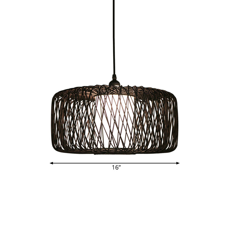 1 Light Restaurant Hanging Lamp with Drum Bamboo Shade Black Pendant Light Fixture, 16"/23.5" Wide