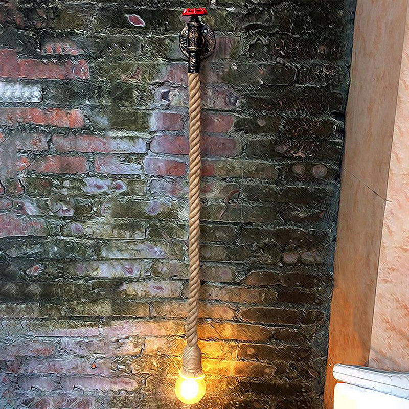 Water Pipe Metal Wall Light Lodge Style 1 Bulb Sconce Lighting Fixture with Hanging Rope in Beige