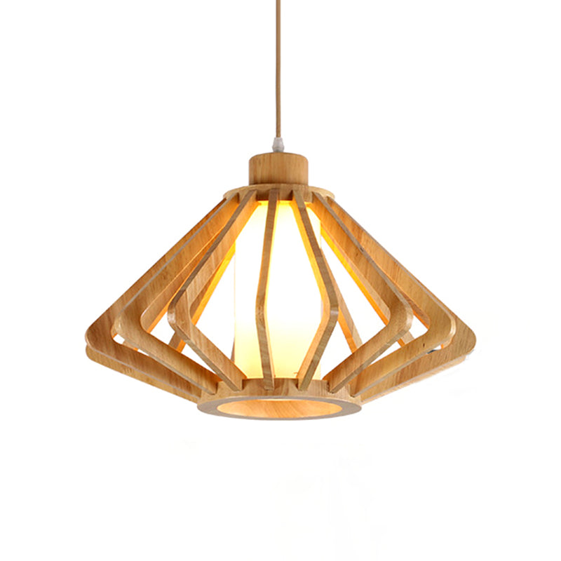 13"/17" Wide Wood Diamond Hanging Light Fixture Modern 1 Bulb Drop Light with Cylinder Glass Shade in Natural Wood