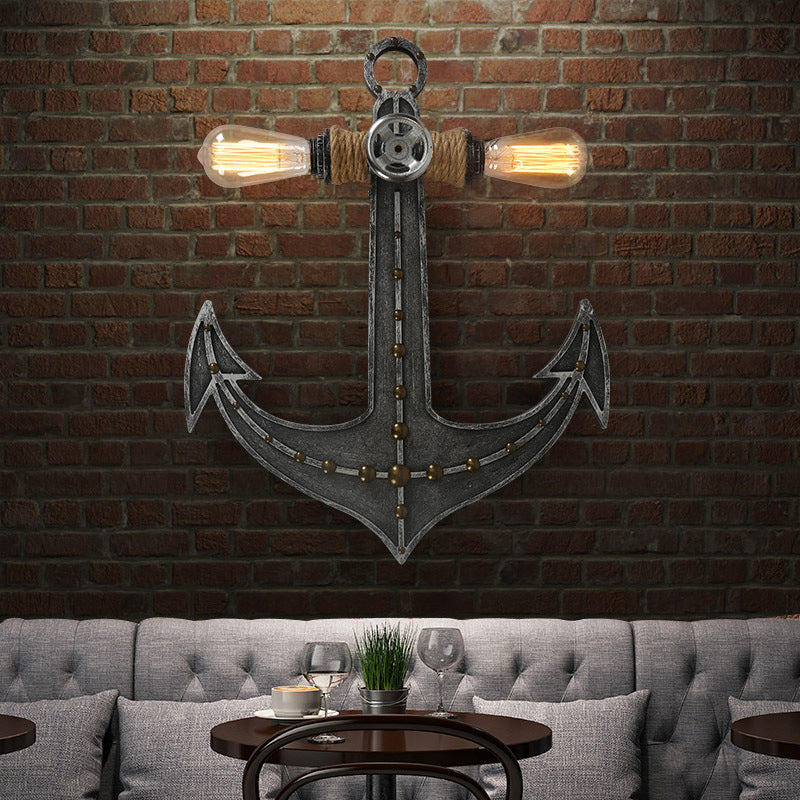 2 Lights Anchor Wall Lamp Nautical Industrial Wrought Iron Sconce Lighting for Restaurant