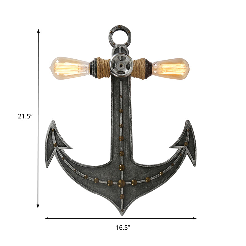 2 Lights Anchor Wall Lamp Nautical Industrial Wrought Iron Sconce Lighting for Restaurant