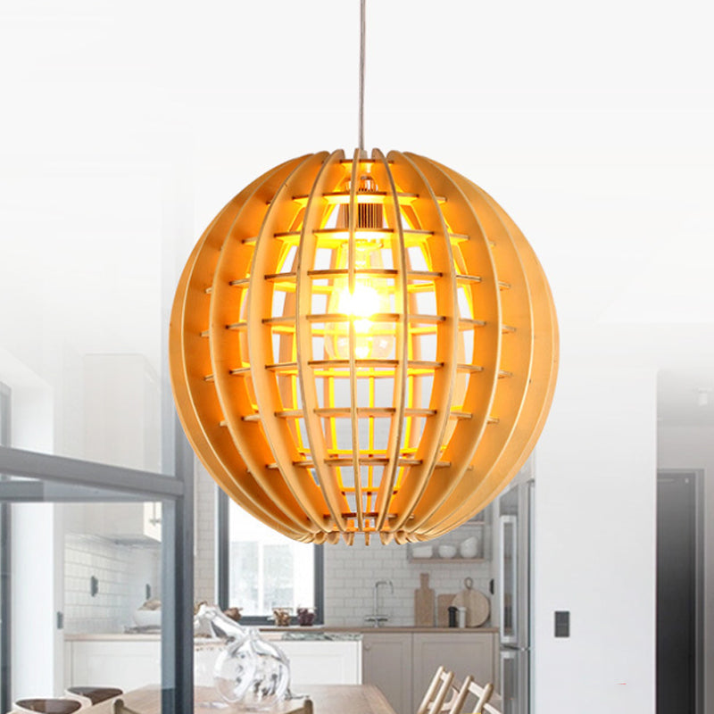 Wooden Globe Pendant Light Asian Style 1-Light Suspension Lamp in Natural Wood for Dining Room