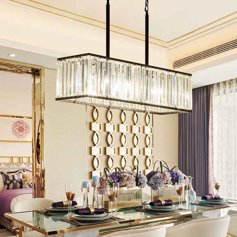 Rectangular Clear Crystal Island Pendant Modern 5 Bulbs Black Suspension Light for Dining Room